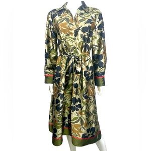 ZARA Floral Print Midi Shirt Dress Belted Olive Green Small